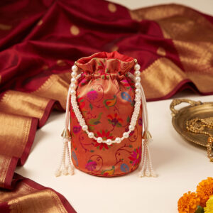 Traditional Floral Silk Potli Bag with Pearl Tassels