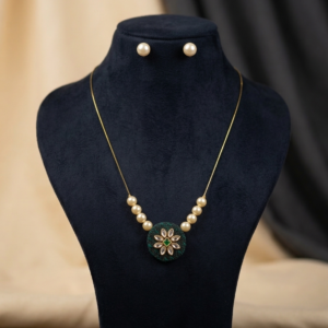 Handcrafted Green Floral Pearl Necklace & Earrings Set