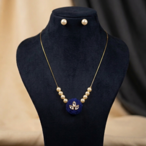 Handcrafted Royal Blue Pearl Floral Necklace & Earrings Set