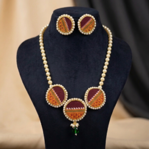Handcrafted Maharashtrian Pearl Necklace & Earrings Set – Maroon & Gold