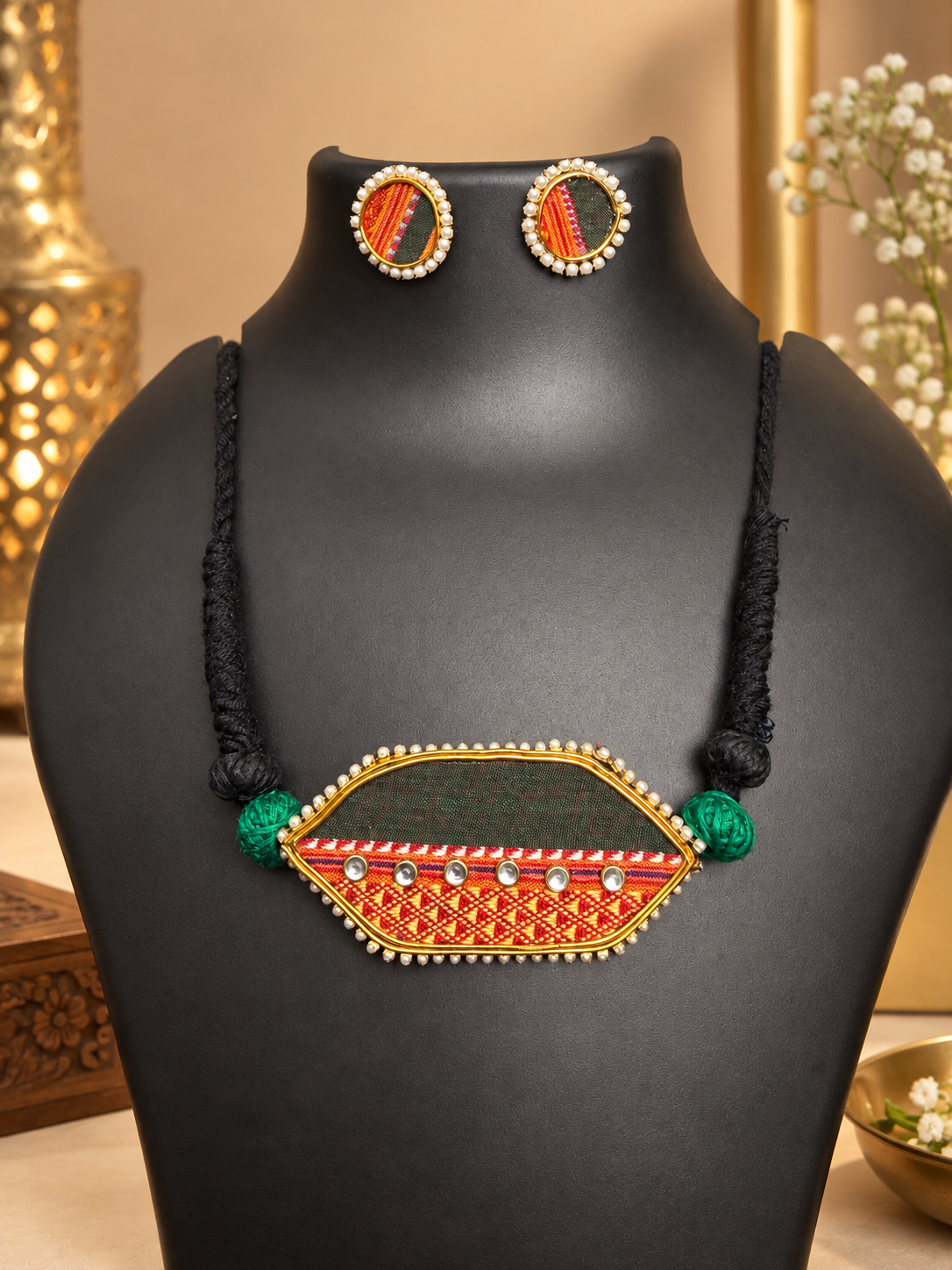 Handmade Fabric Thread & Pearl Necklace Set - Image 3