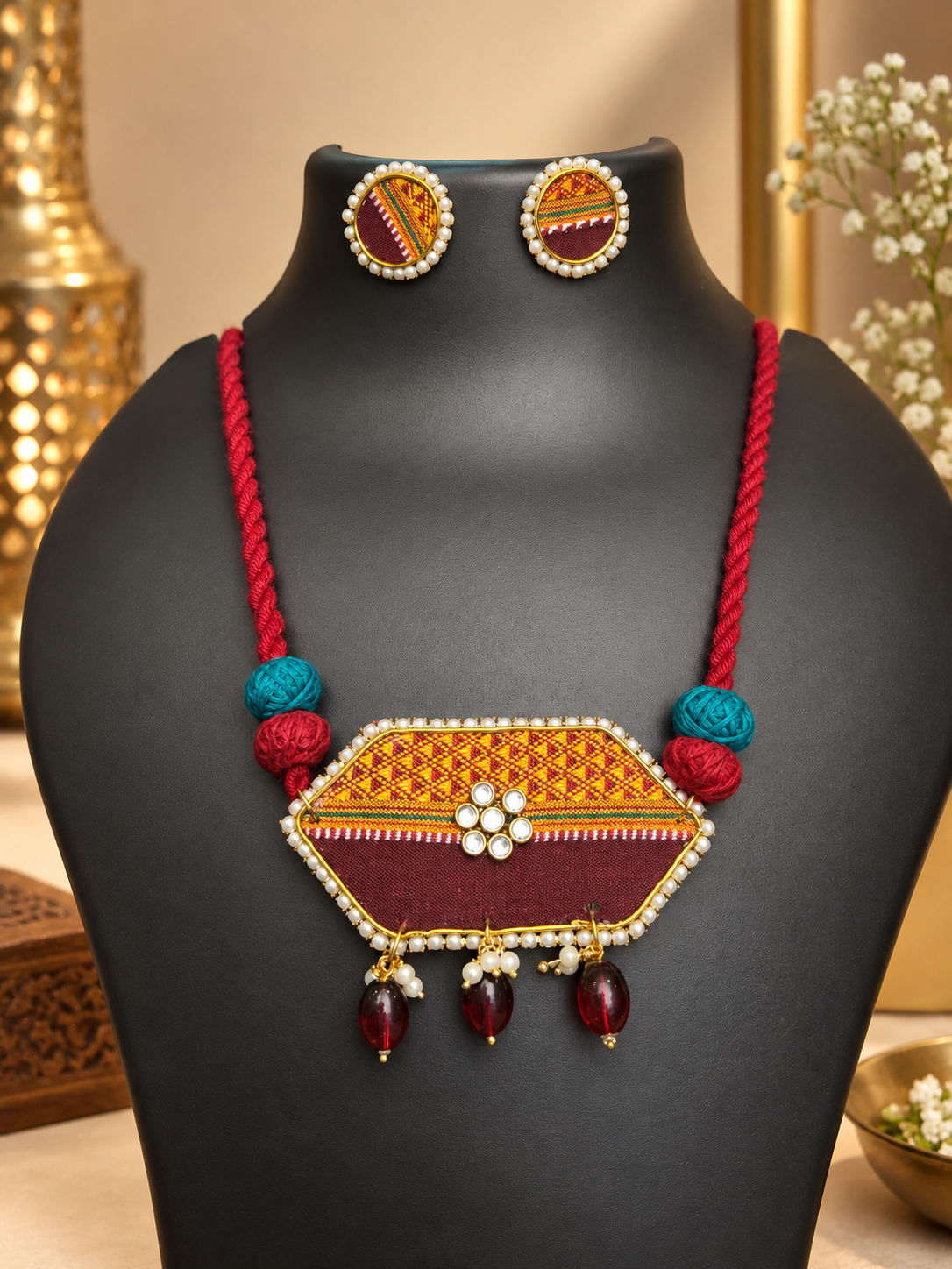Handmade Fabric Thread & Pearl Necklace Set - Image 2