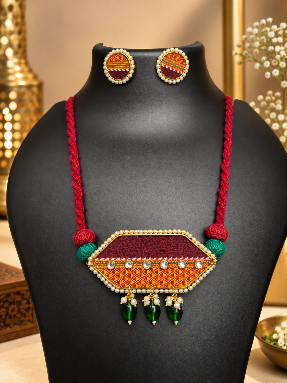 Handmade Fabric Thread & Pearl Necklace Set
