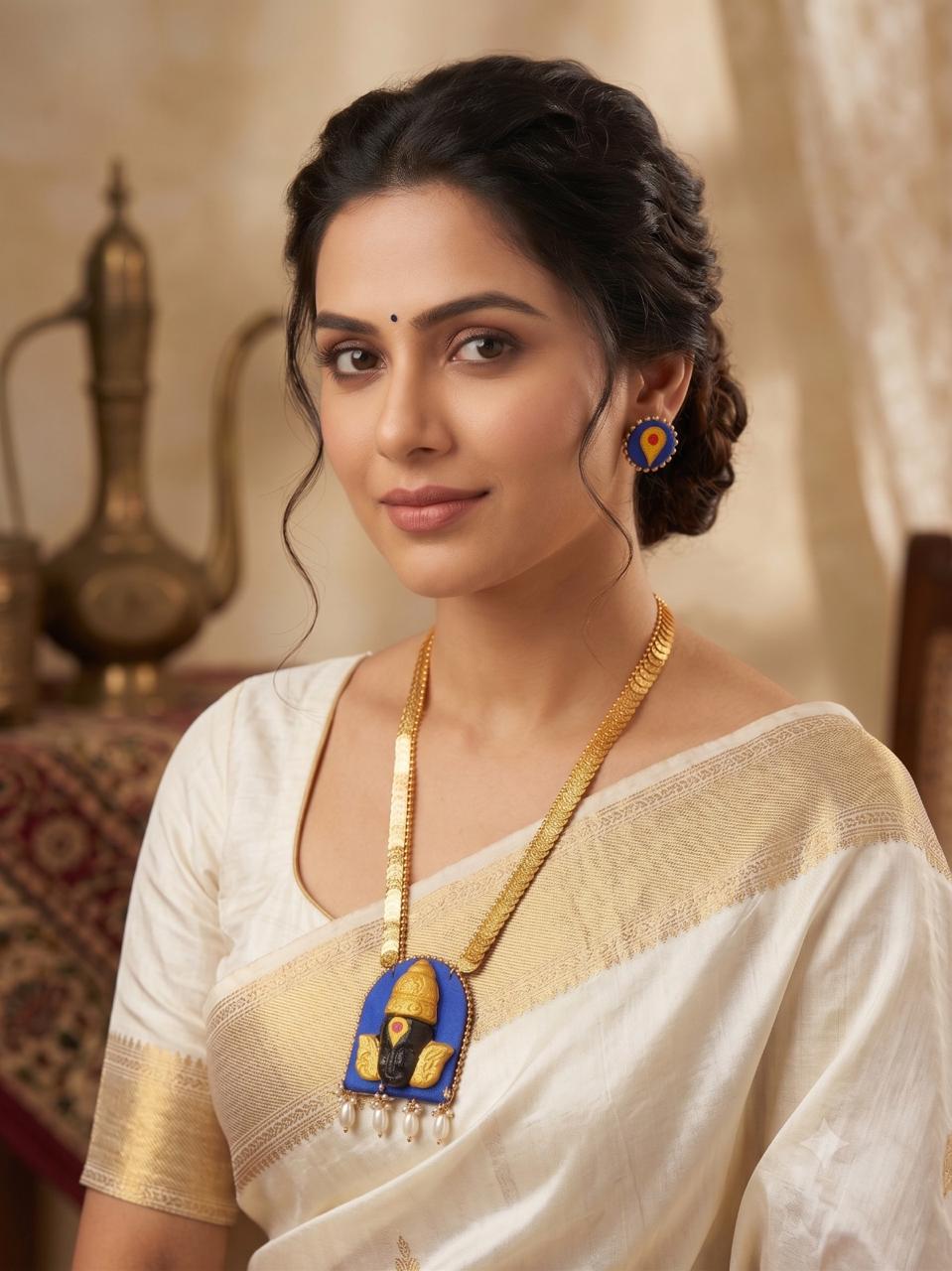Handcrafted Vitthal Necklace & Earrings Set – Blue & Gold - Image 2