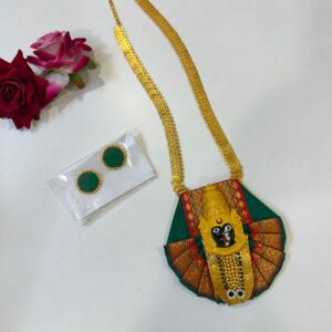 Handcrafted Mahalaxmi Necklace Set with Earrings-Green