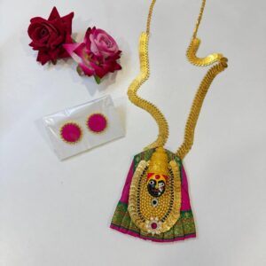 Handcrafted Tulja Bhavani Necklace Set with Earrings-Pink