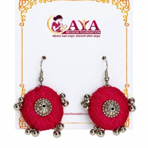 Handcrafted Red Round Fabric Earrings with Circular Detailing