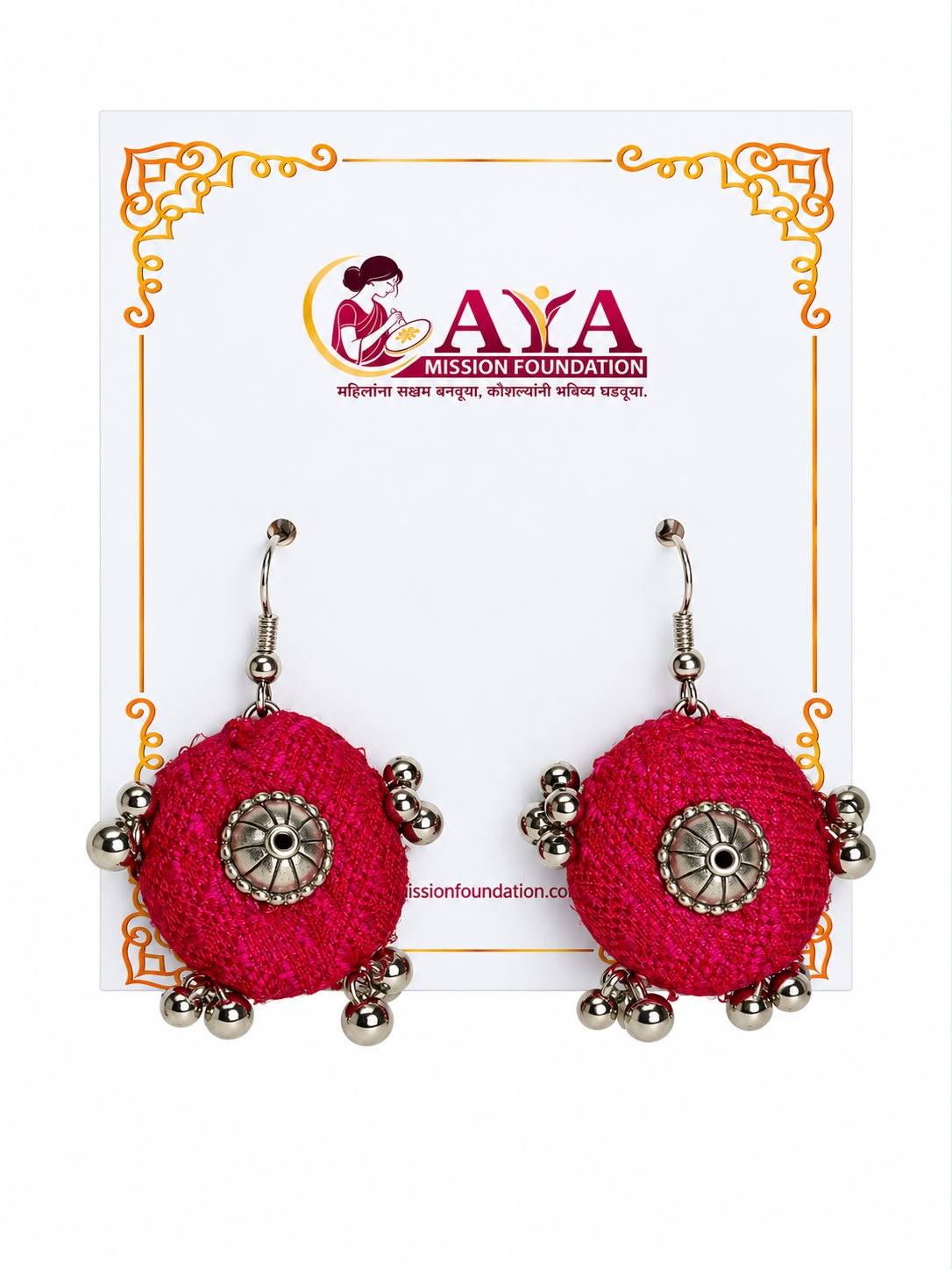 Handcrafted Red Round Fabric Earrings with Circular Detailing