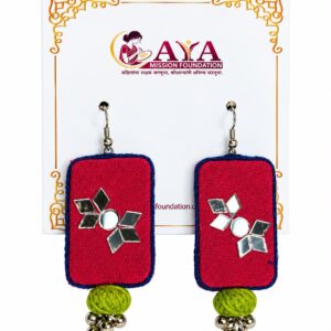 Handcrafted Red & Green Rectangular Fabric Earrings