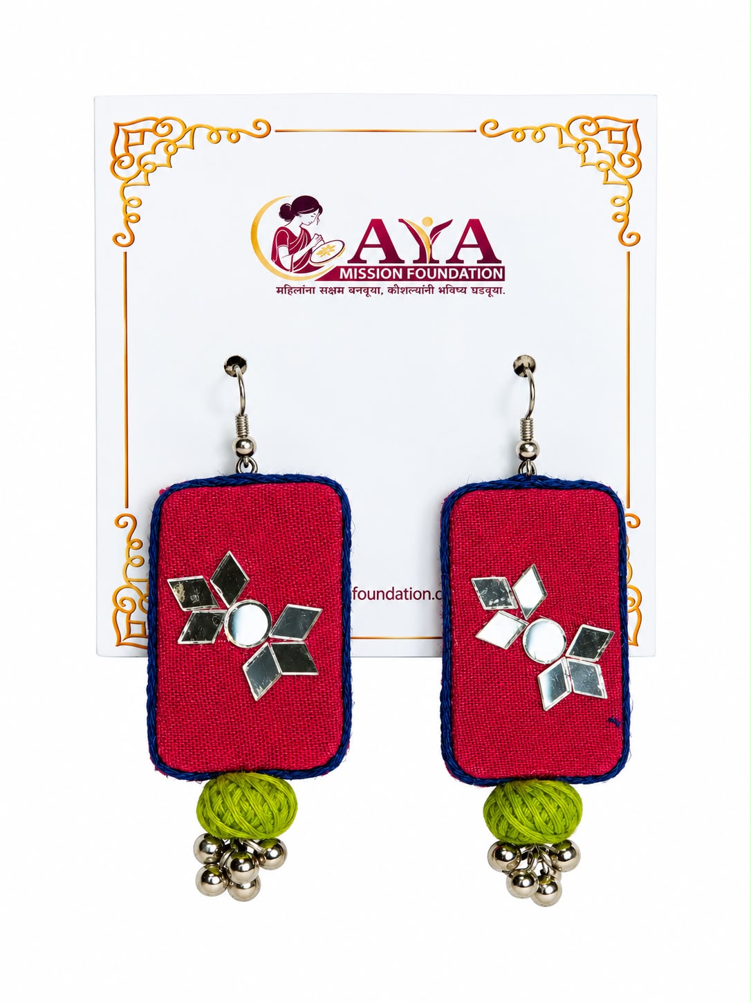 Handcrafted Red & Green Rectangular Fabric Earrings