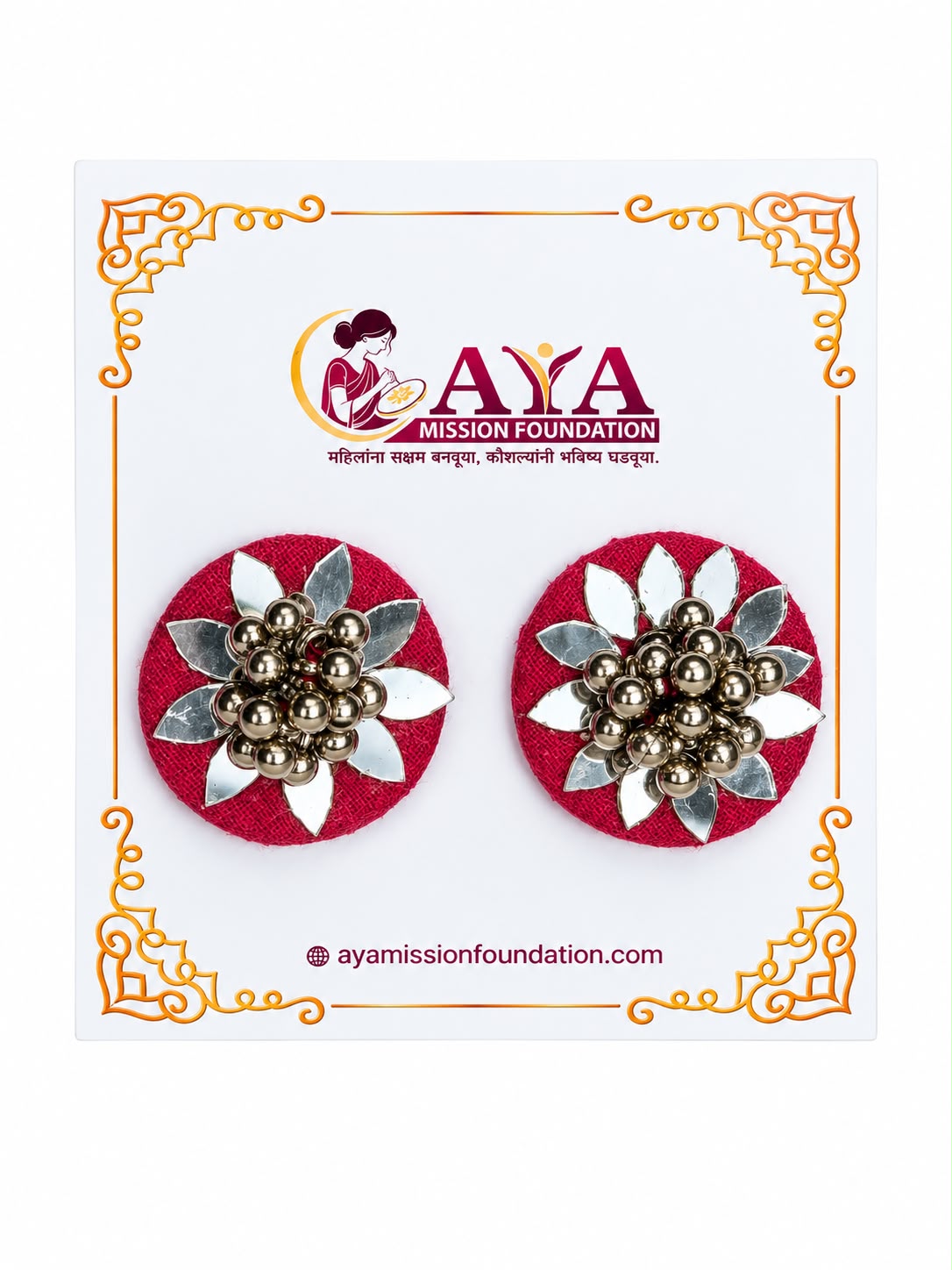 Handcrafted Red Round Floral Fabric Earrings